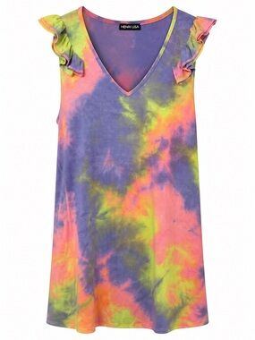 Tie-Dye V-Neck Ruffle Sleeve Dress- Purple, Pink & Lime